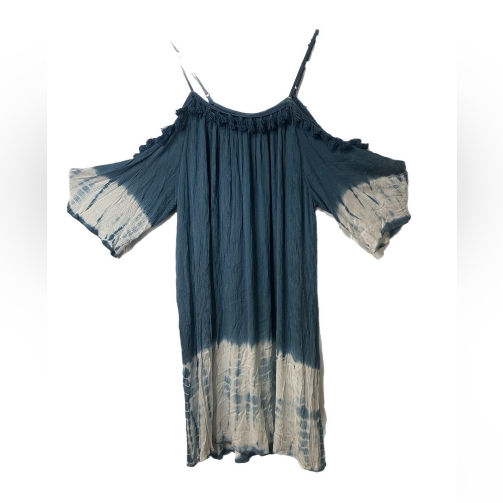 Umgee Dress In A Medium Blue With Blue Tassels And Tie Dye Bottom. Size M Y
